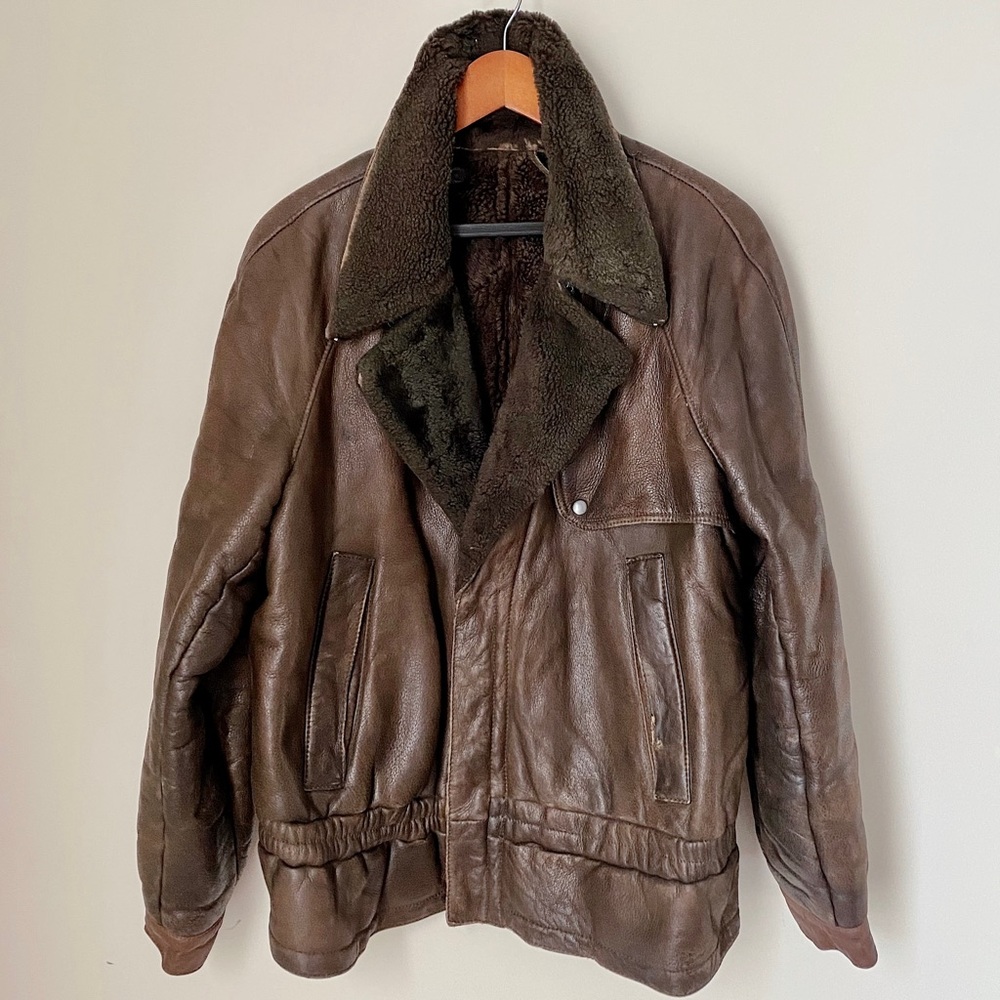 Vintage Loewe 70s Aviator Shearling Sherpa Moto Bomber Brown Leather Jacket